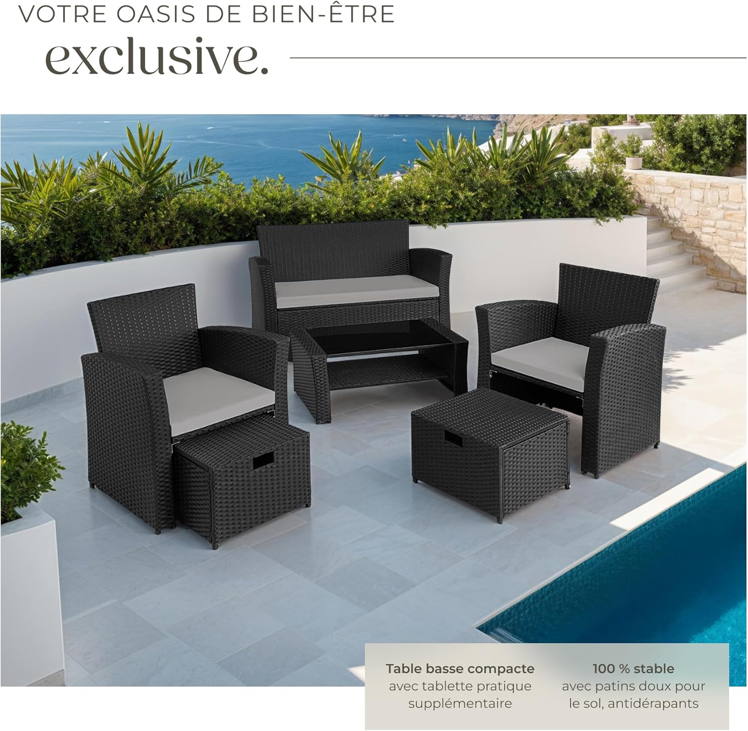 tectake - salon jardin poly rotin, 1 banquette, 2 fauteuils, table, noir/gris