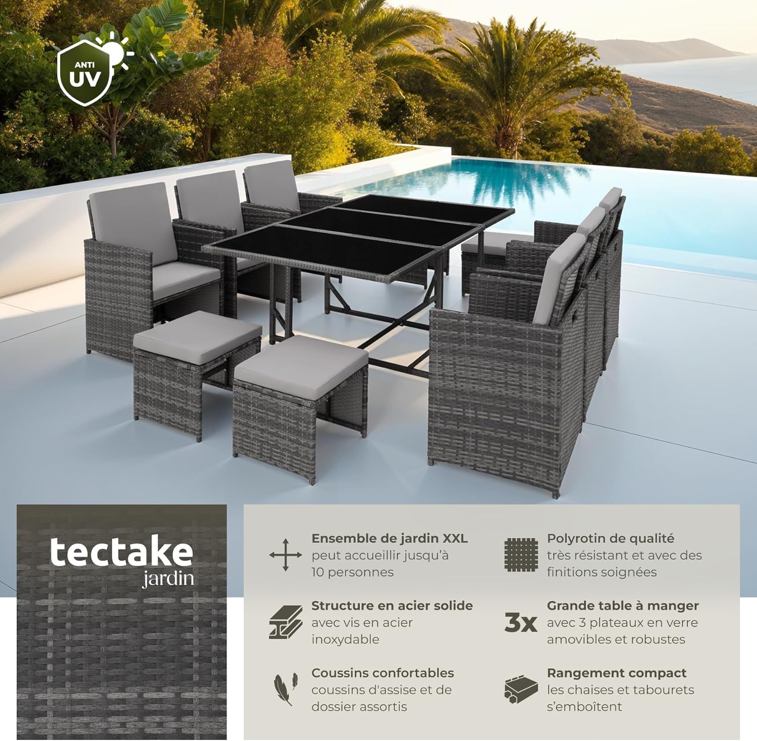 tectake - Salon de jardin Poly Rotin 10 pers. 6 fauteuils et 4 poufs, table et housse