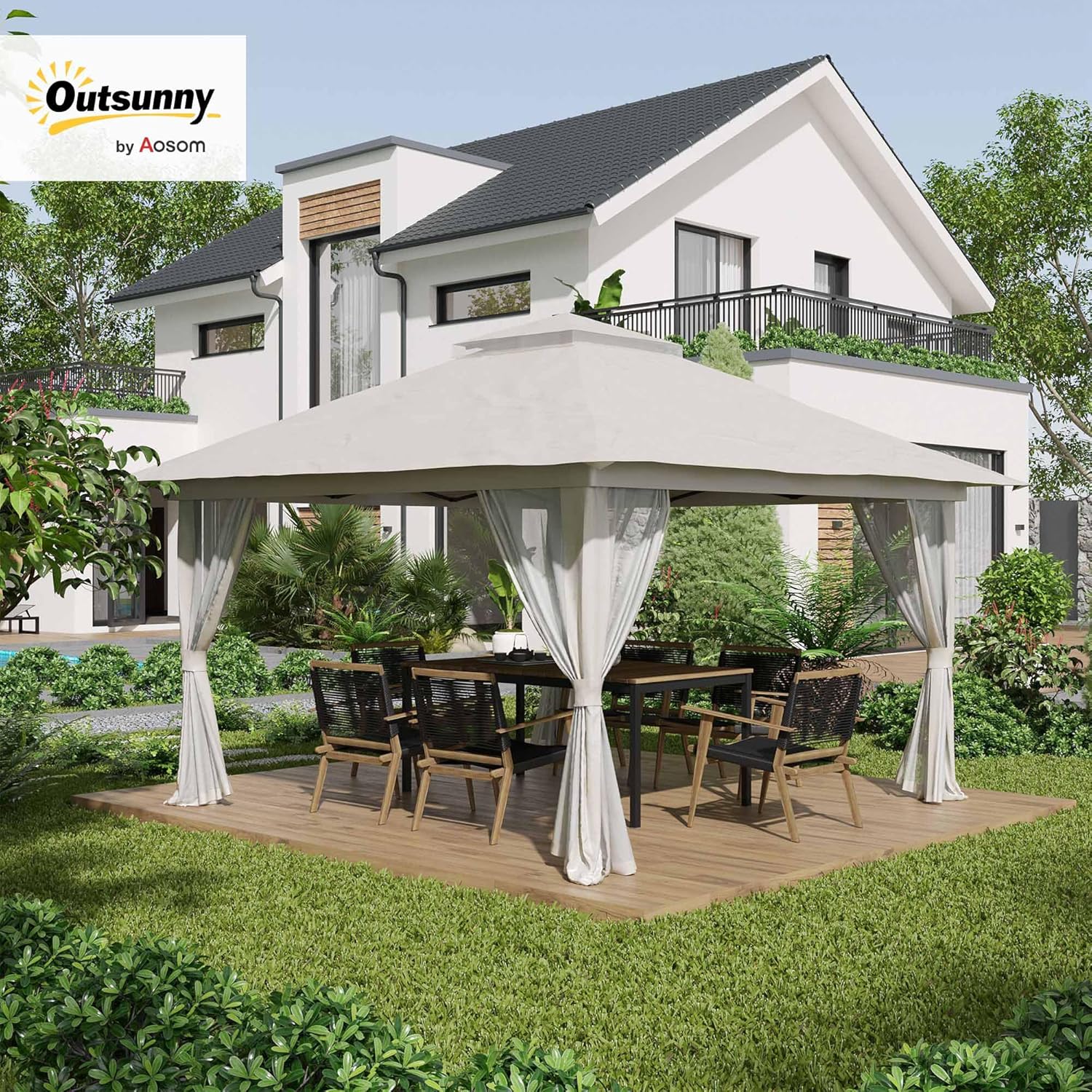 Outsunny - Tonnelle de Jardin Pop-up – 4x4m, UV 50+, double toit, moustiquaires, sac de sable, transport - BARNUM-4x4-UV