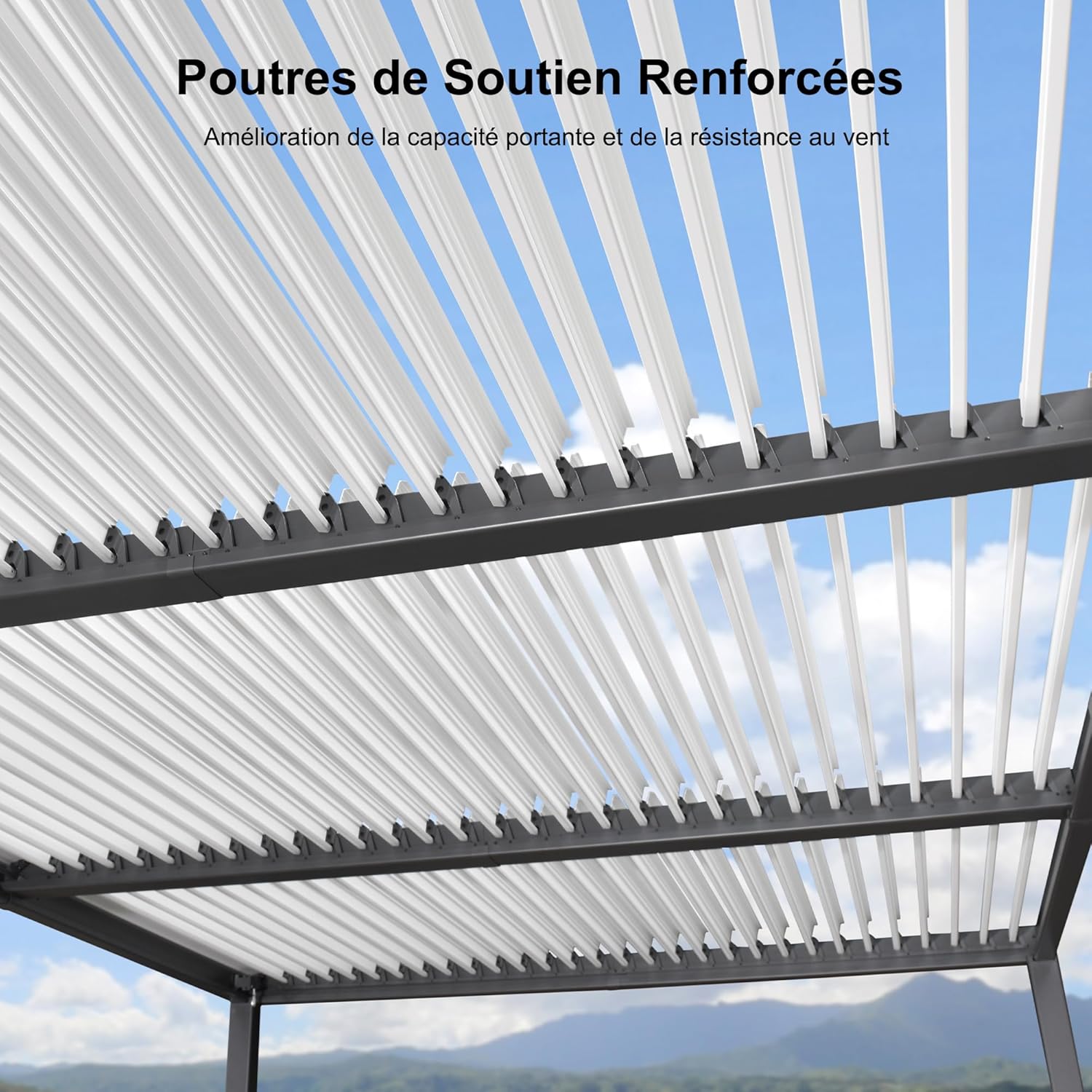 PURPLE LEAF - Pergola Bioclimatique - 6,35x3,5m - Aluminium, éclairage, lames orientables, poteaux blancs