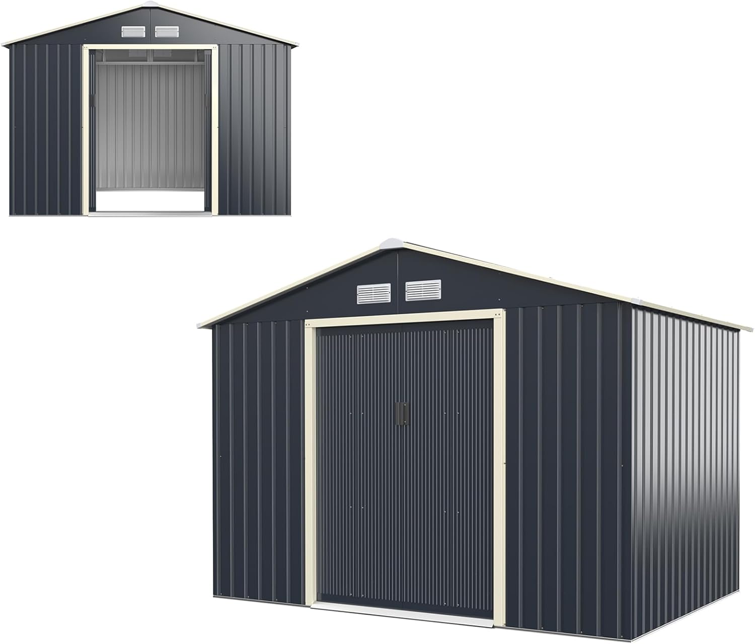 HOMASIS - Abri de jardin métal à pignon, 4 fenêtres, 2 portes, 273x195x212 cm