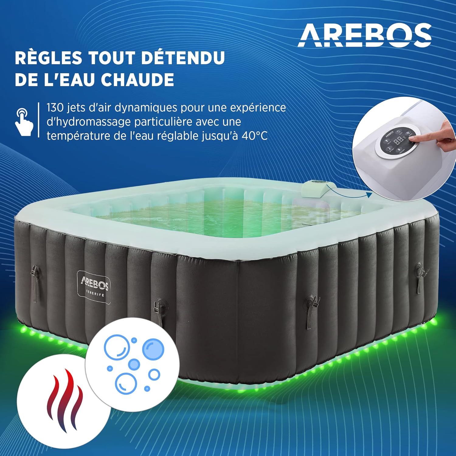 Arebos - Spa gonflable LED, 185x185cm, 6 pers, 130 jets massage