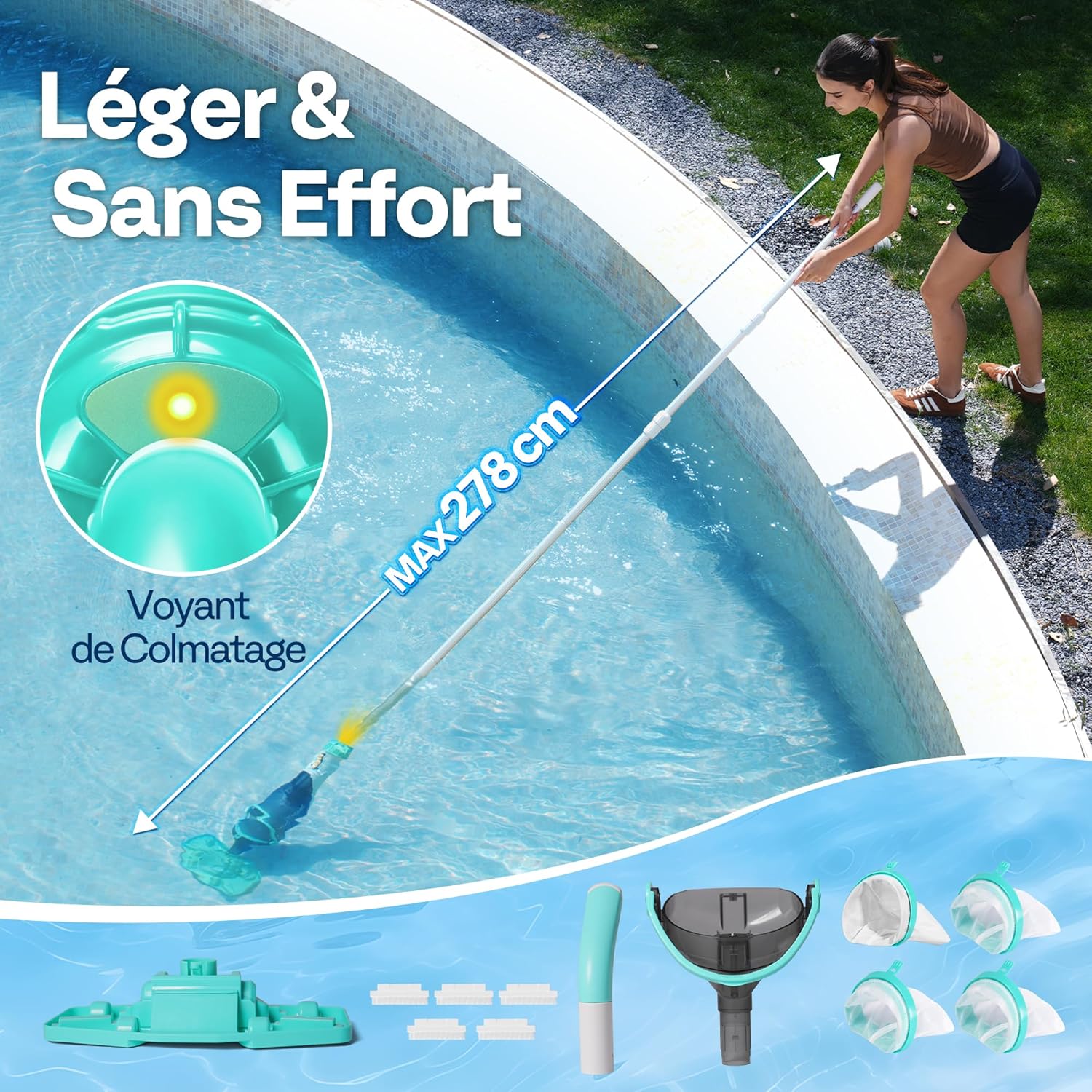 VIVOHOME Aspirateur Piscine sans Fil avec Perche Télescopique 278cm, Nettoyeur de Fond avec Indicateur de Batterie, Débit 4200LPH, Autonomie 60 Minutes pour Piscine Hors-Sol et Enterrée, Spa