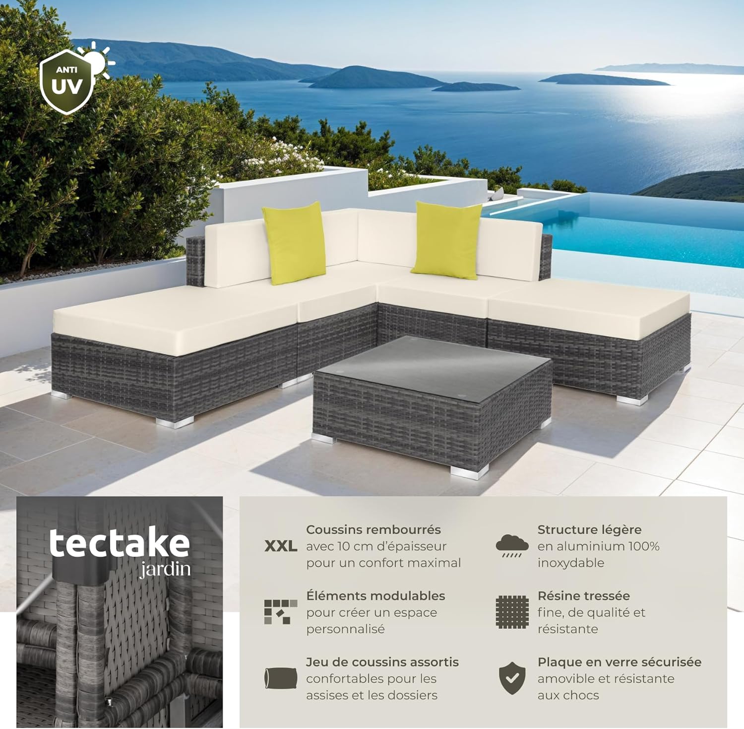 tectake - Salon de jardin XXL modulable 5 places avec table, poly rotin