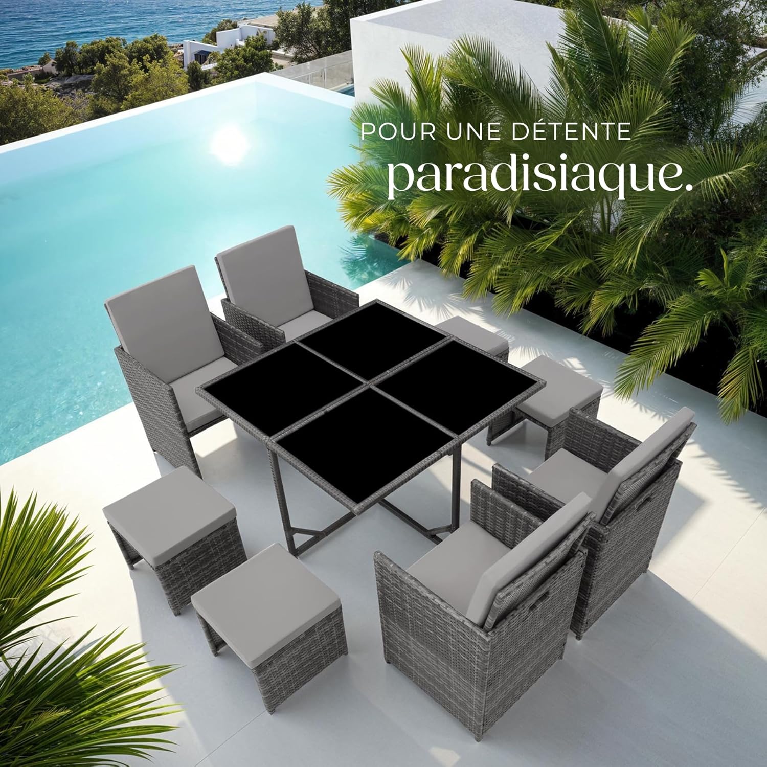 tectake - Salon de jardin gris 4 chaises, 4 tabourets, housse, polyrotin