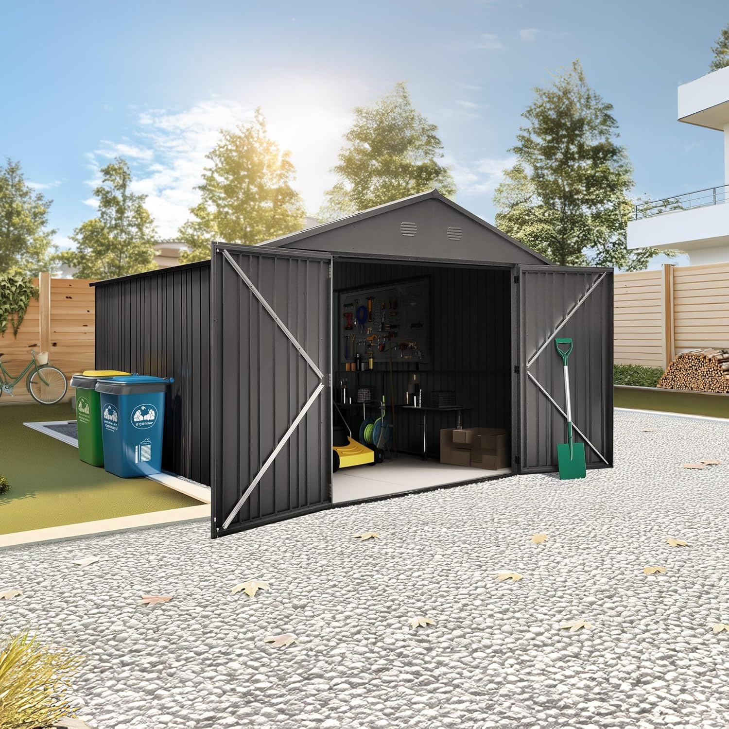 Hoggar - Pioneer abri de jardin métal 356x350x225cm, portes sécurisées, serrure incluse, Y130