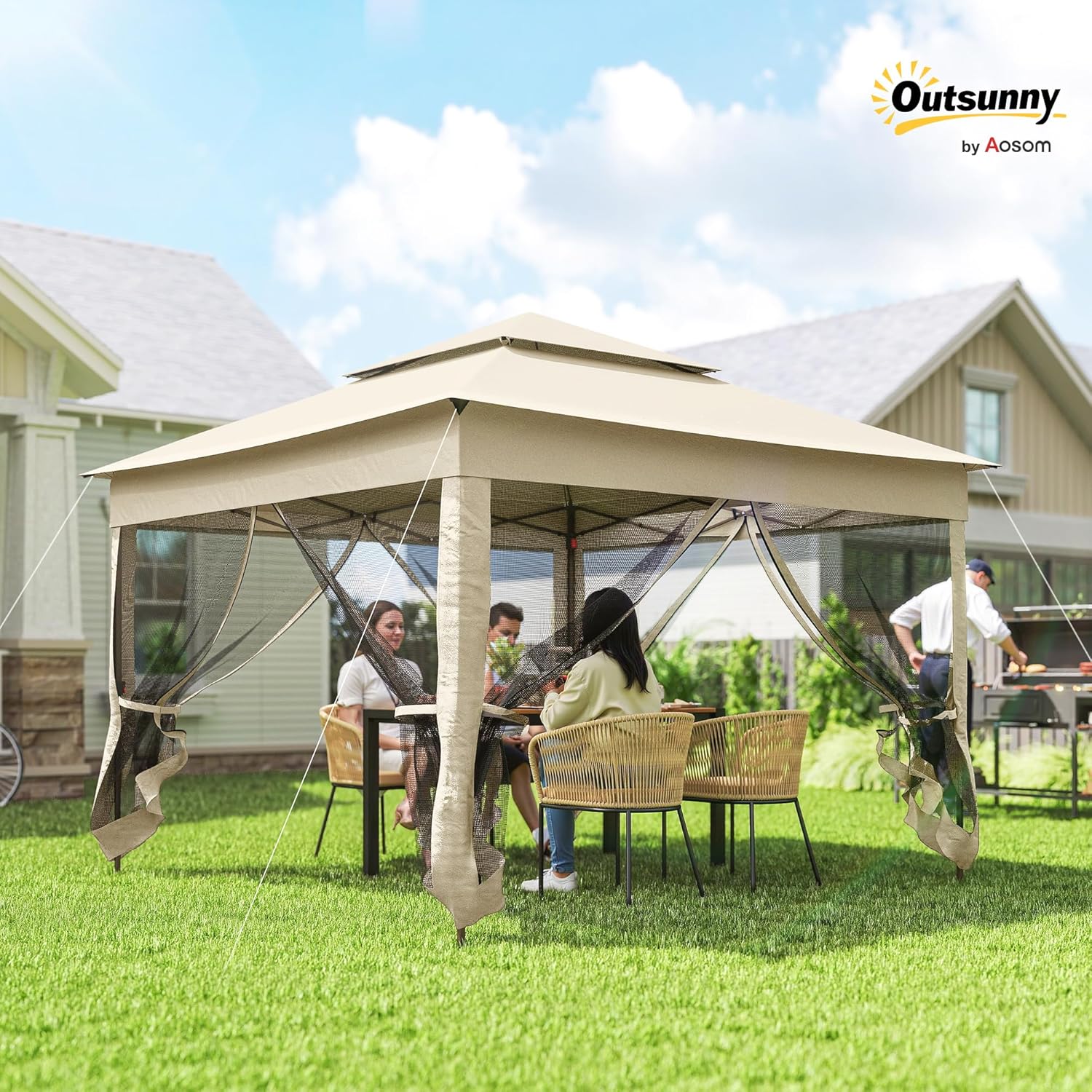 Outsunny - tonnelle pop-up - 3x3 m - métal, polyester, anti-UV, moustiquaires