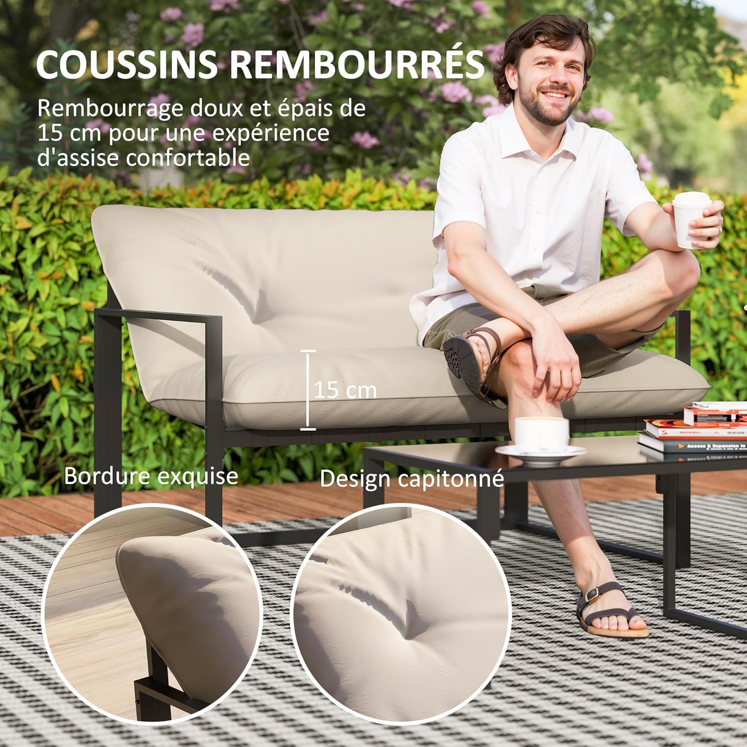 Outsunny - Salon de jardin 4p avec coussins 15cm - acier noir, canapé 2 places, table basse, fauteuils