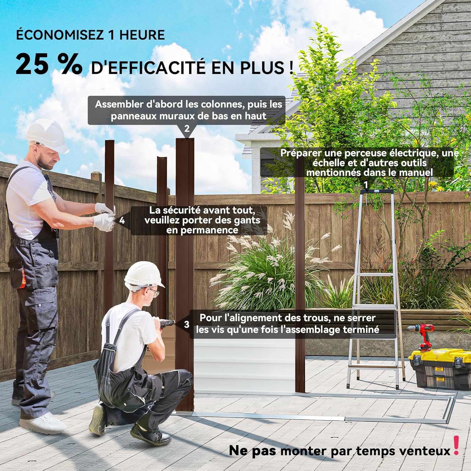 Outsunny Abri de Jardin en métal 2,27 m², Structure en Acier galvanisé améliorée, abri à Outils extérieur, toiture 2 pans avec aérations, Gants et Cadenas Inclus, 190x131x188cm, chêne