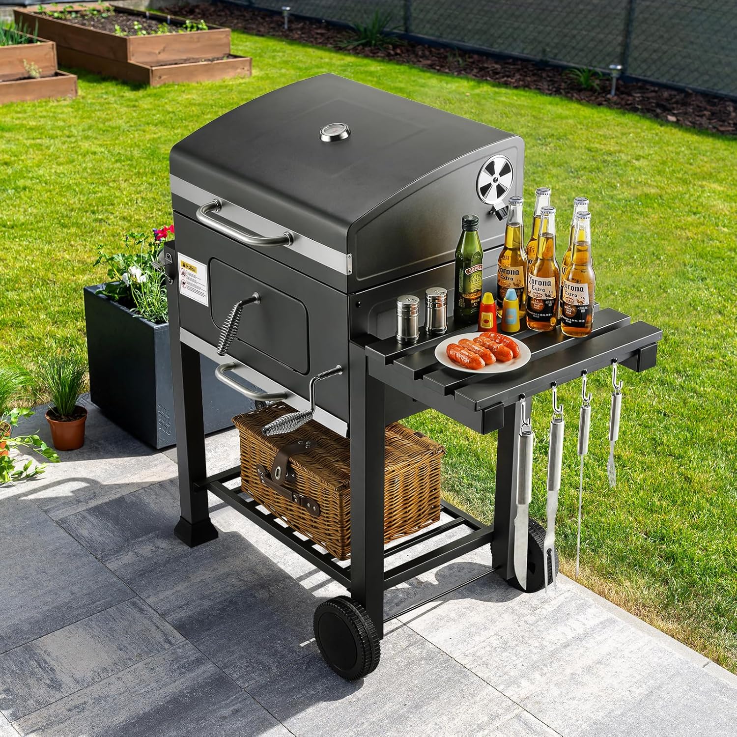 TLSUNNY - Barbecue XL sur chariot, couvercle, roues, thermomètre TLSUNNY