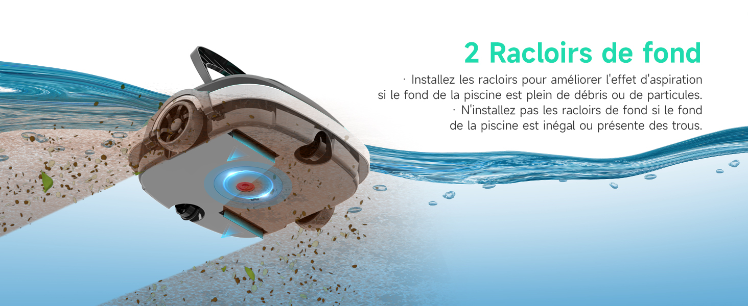 Le texte se lit comme suit : « 2 Racloirs de fond ». Équipement d'entretien de la piscine illustré sur fond bleu de l'eau de la piscine.