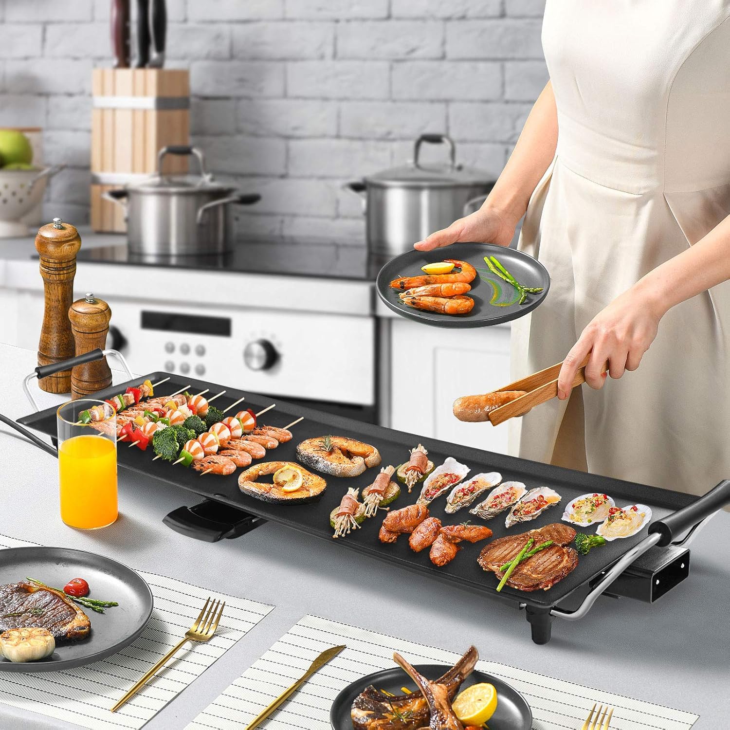 GOPLUS - plancha électrique XXL - 90x23cm - antiadhésive, thermostat ajustable, 8 personnes, 1800W