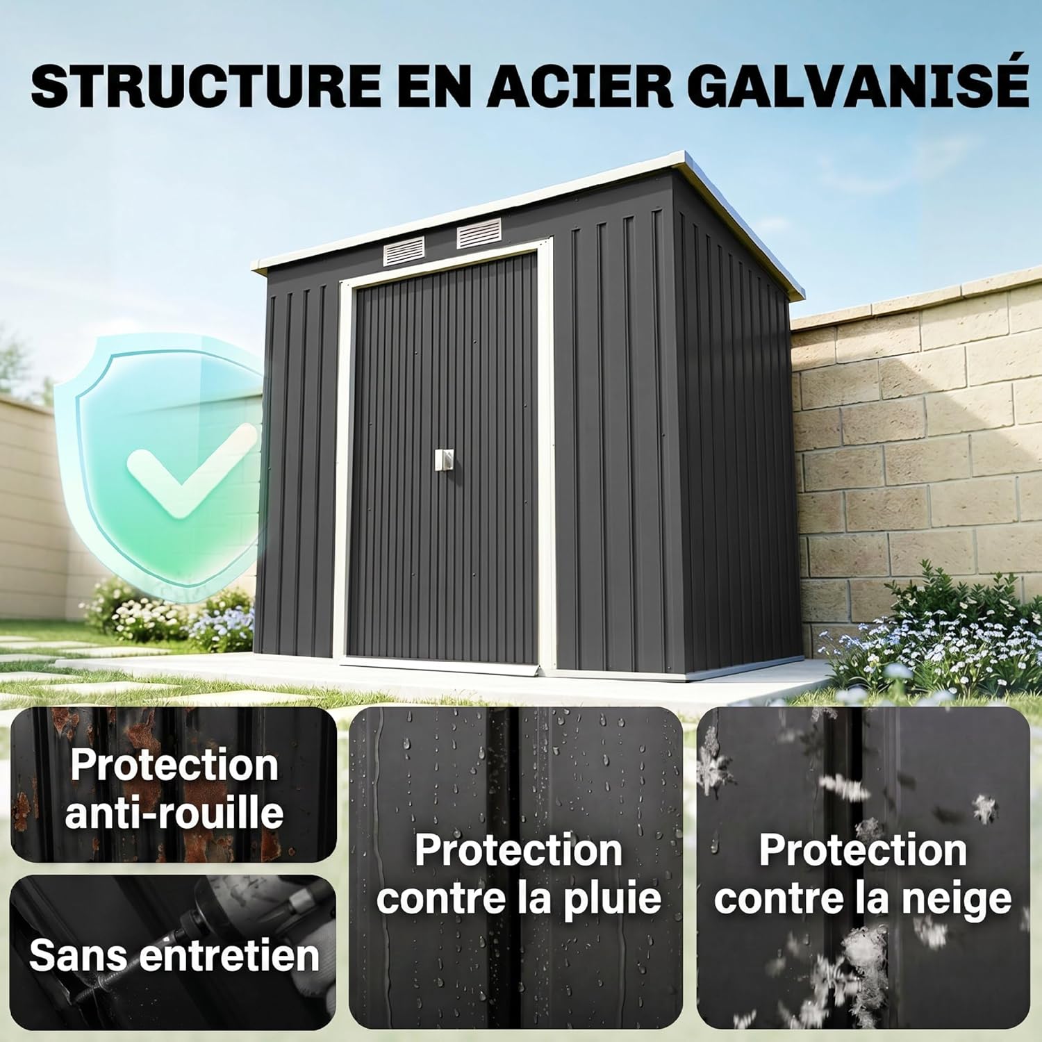 Outsunny - abri de jardin acier 2,77 m², 213x130x172 cm, portes verrouillables, fondation