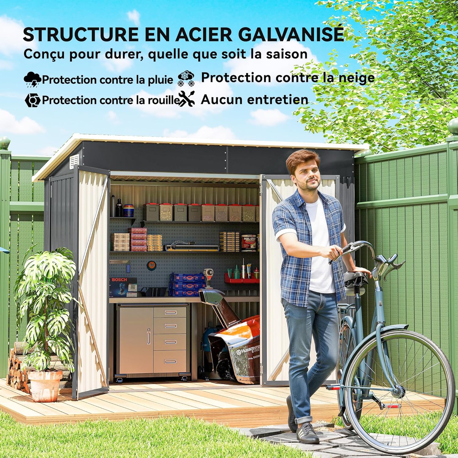 Outsunny - abri de jardin métal série - 234x132x185 cm - triple porte, toit incliné, aérations, gris foncé