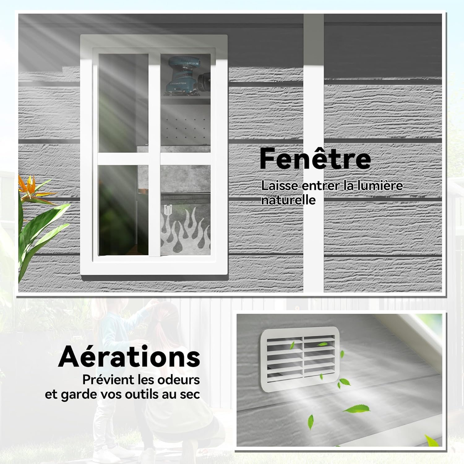 Outsunny Abri de Jardin en résine 2,7 m² avec Plancher Structure en Aluminium 182 x 151 x 219 cm, cabane de Jardin cabanon Rangement Outils Portes avec Serrure et clés 3 fenêtre, Gris Global Recycled Standard