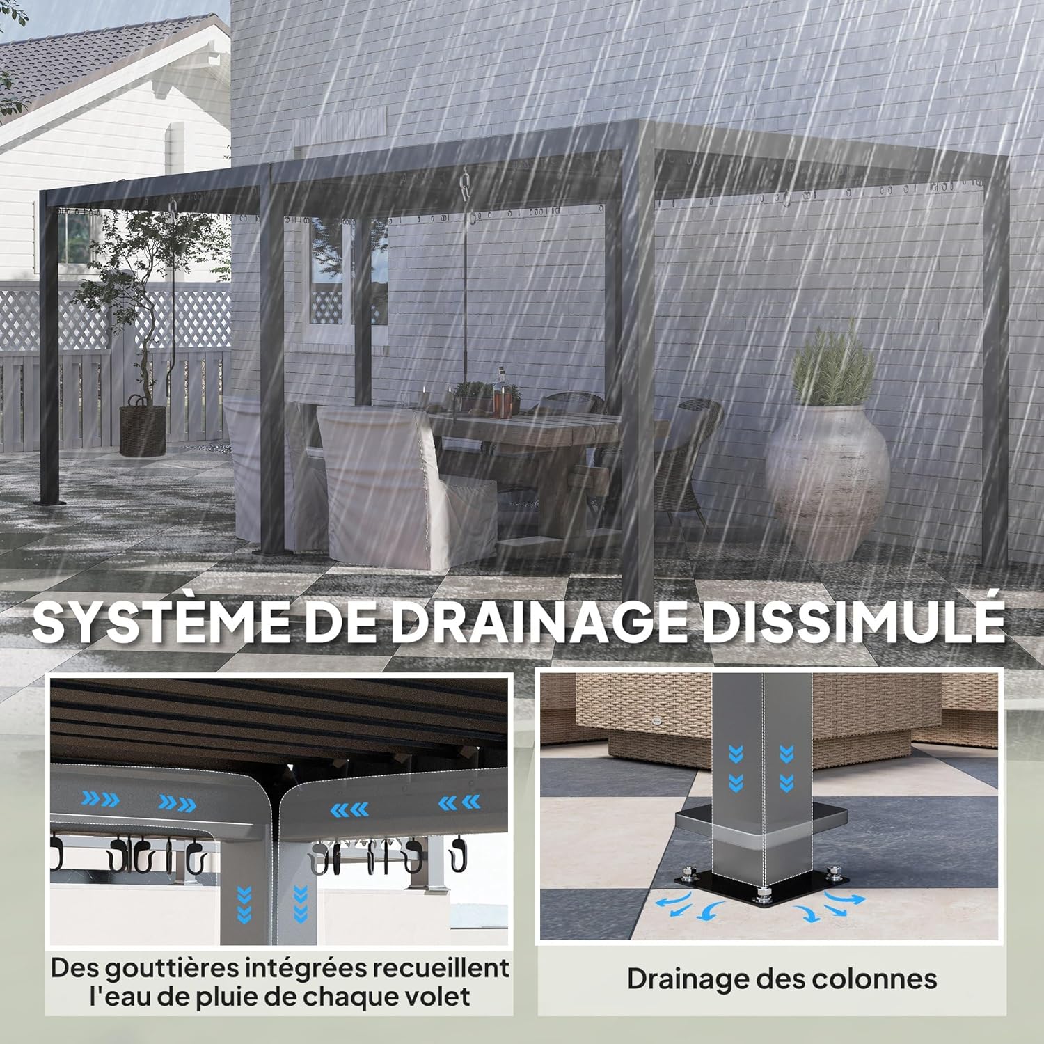 Outsunny - Pergola bioclimatique 3x6m - aluminium, toit réglable, persiennes, crochets