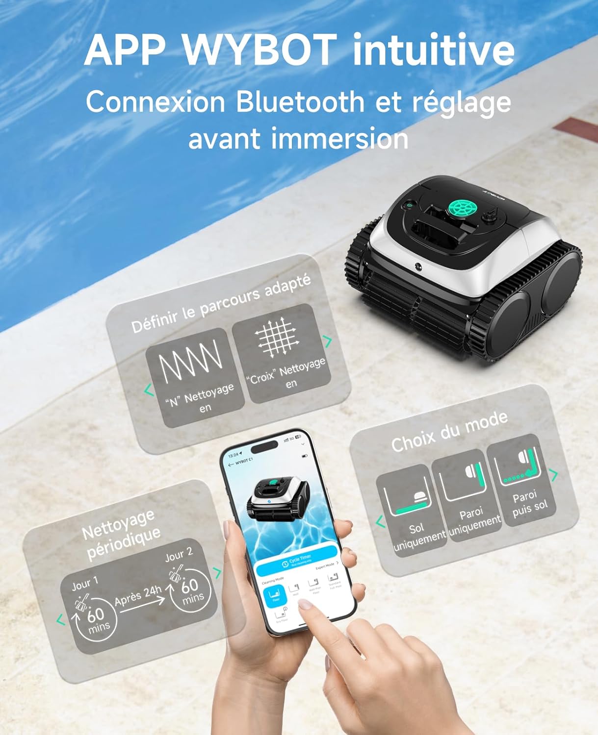 WYBOT - Robot piscine C1 - 150m² - Nettoyage fond/parois, planification intelligente, 150 min