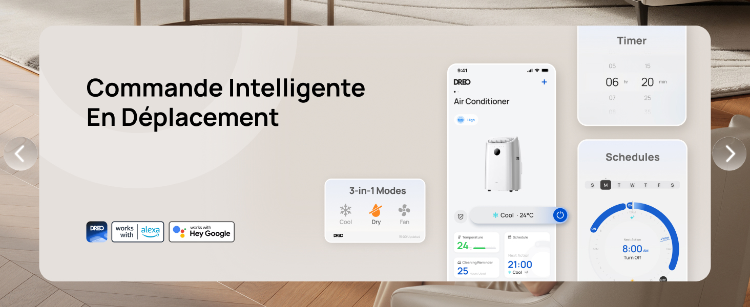 Le texte se lit comme suit : « Commande intelligente En Déplacement ». Interface d'application affichant un smartphone avec plusieurs écrans affichant la visualisation des données, les indicateurs d'état et les options de contrôle en français.