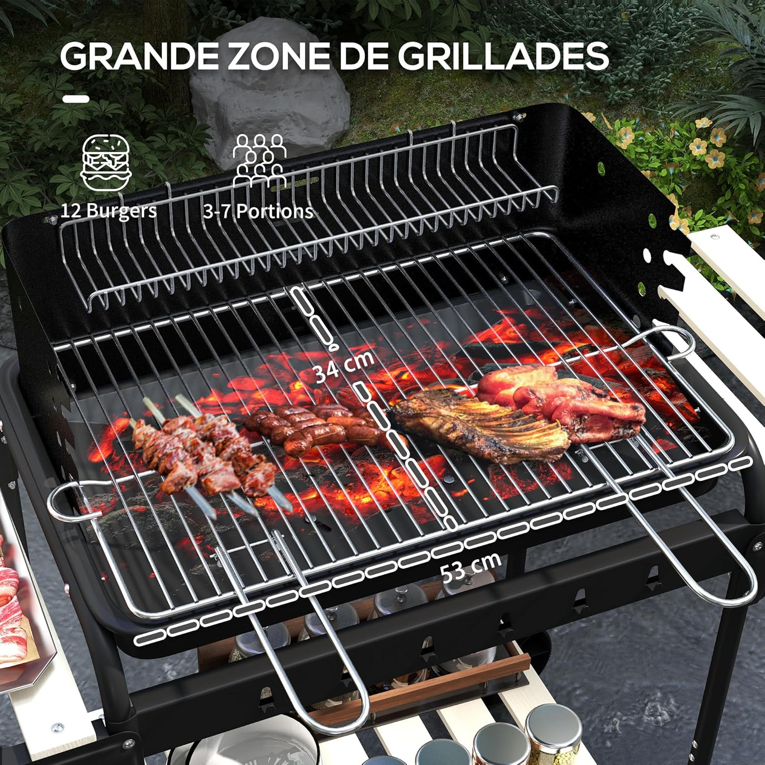 Outsunny - BBQ sur pied réglable - 103x47x95cm - 3 étagères, récupérateur de cendres, 2 roues