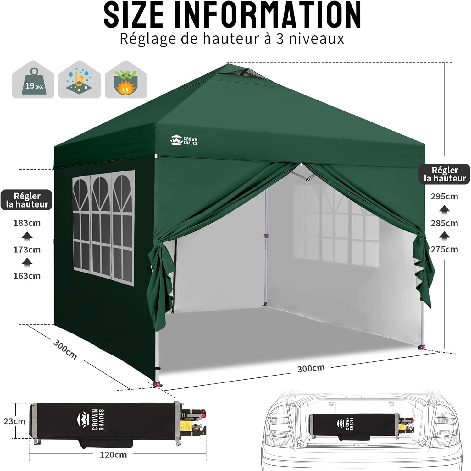 CROWN SHADES Tonnelle Pliante 3x3 Imperméable, Barnum Pliant de Jardin Exterieur, Pop-Up Gazebo avec Sac de Rangement, UPF 50+, avec 4 Parois Latérales Amovible, 4 Sac de Sable, Vert Forêt