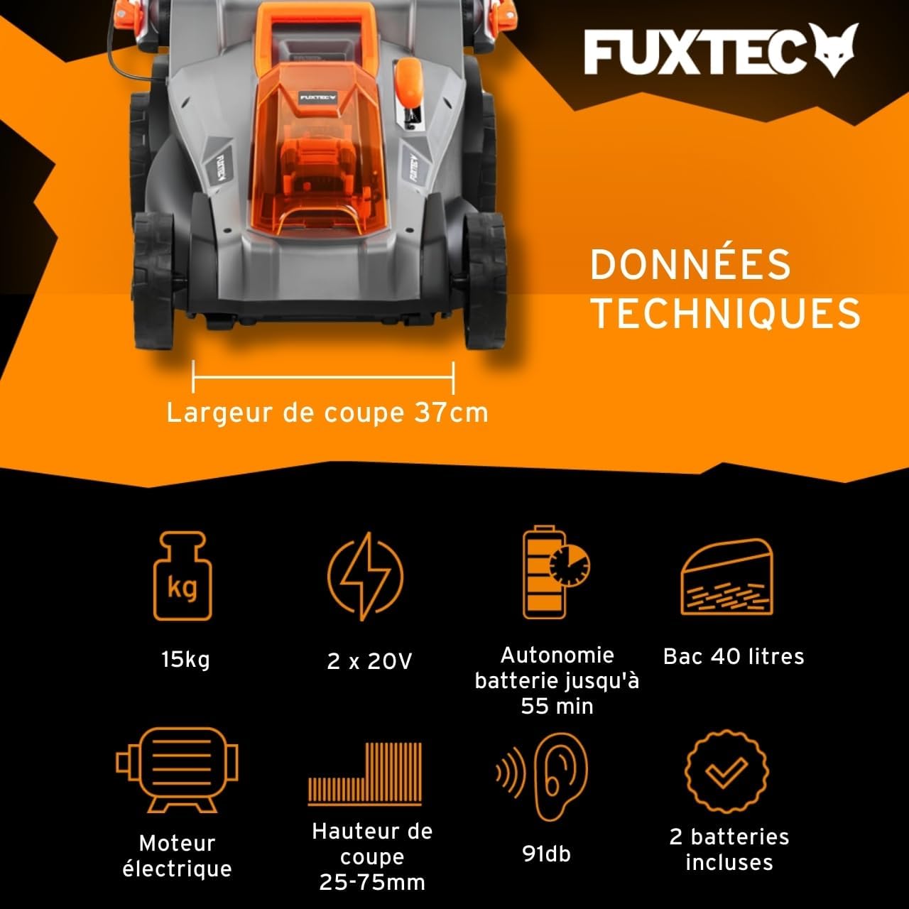 FUXTEC - Tondeuse à gazon E2RM37 - 37 cm - batterie 40V, hauteur réglable E2RM37