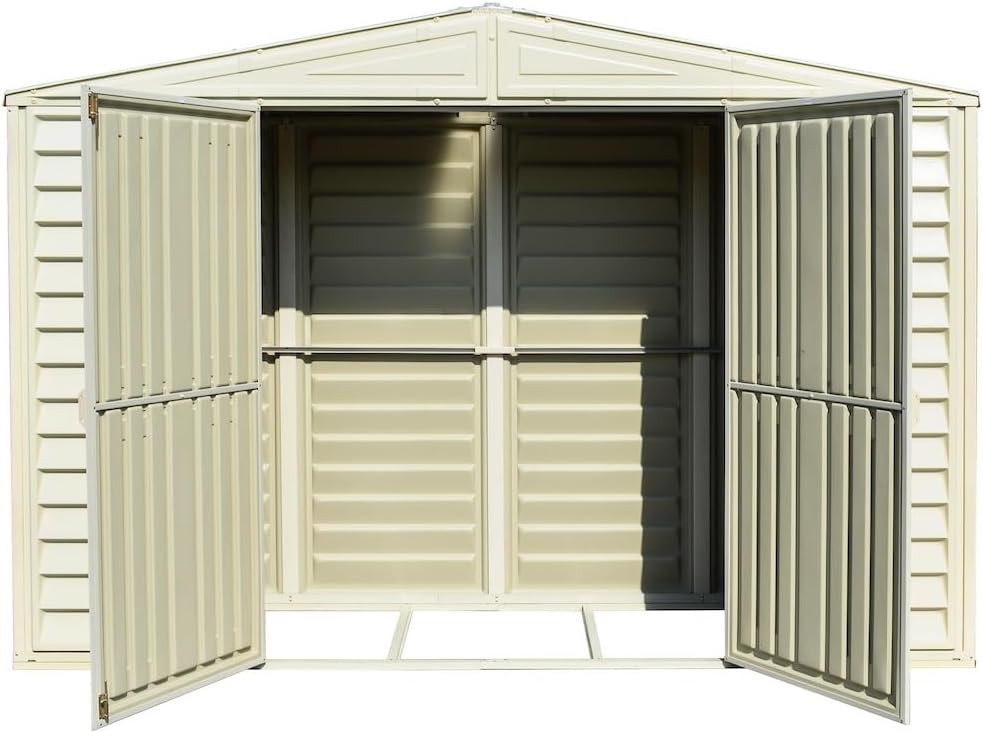 Duramax SidePro 10 x 3 (2.6 m²) Abri de jardin en plastique avec kit de fondation en métal, structure de toit en métal robuste, abri en vinyle sans entretien - Ivoire