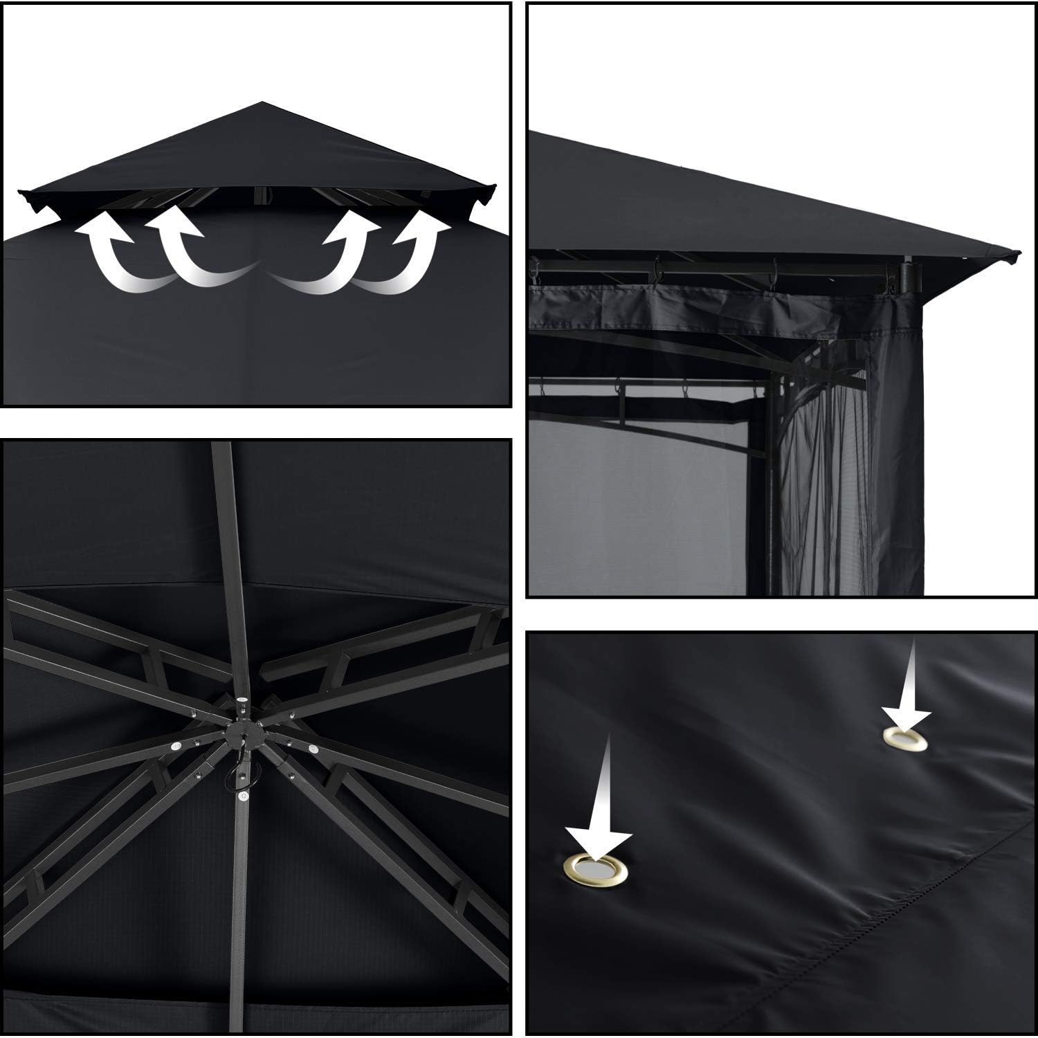 ABCCANOPY - tonnelle double toit 2,5x2,5m, filet ombre/pluie noir