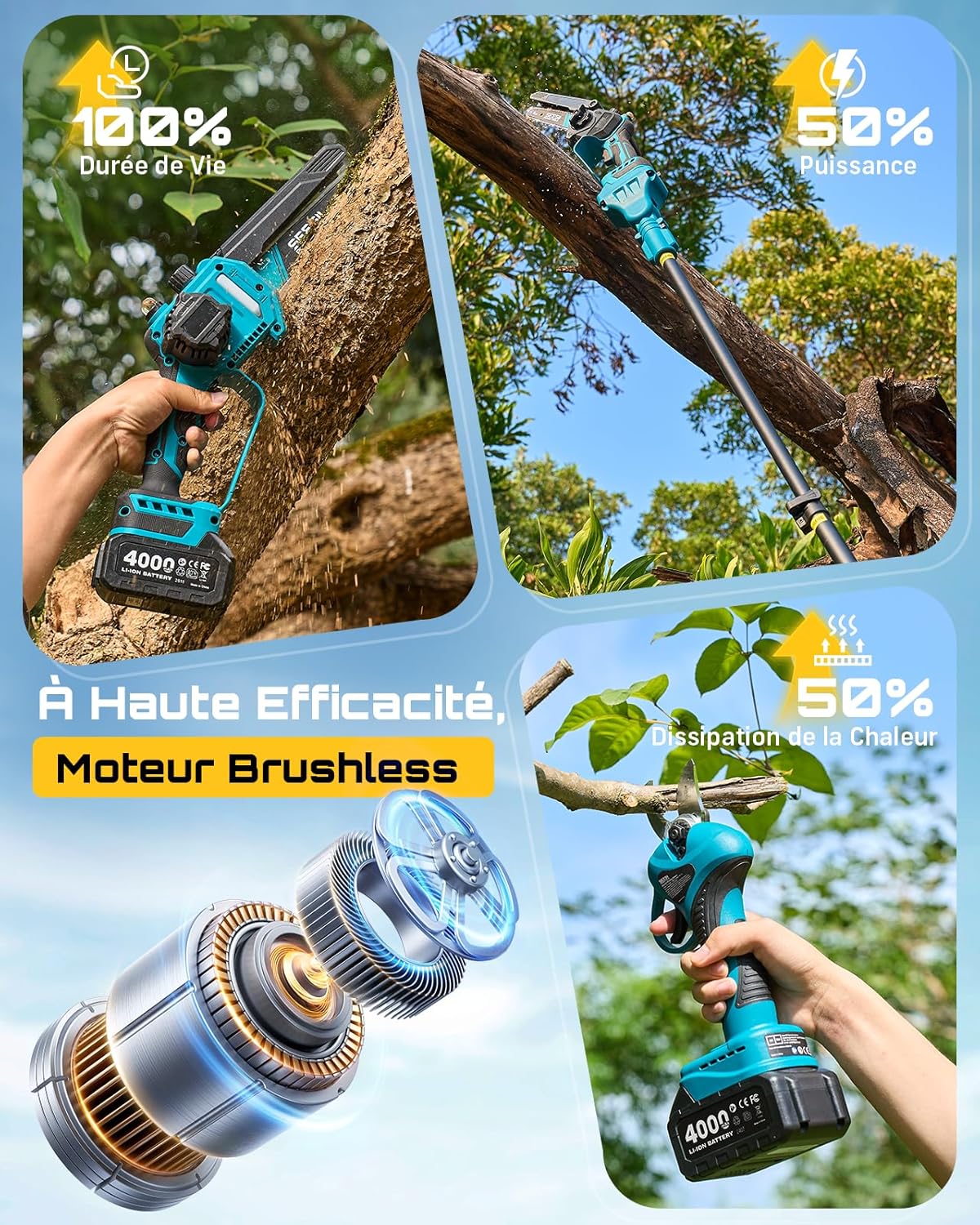 SEESII P6 Combo 6 Pouces Mini Tronconneuse avec Perche & 33 mm Secateur Electrique, 4-en-1 Ensemble d’Outils de Jardin avec 2 * 4000 mAh Batteries, Portée Maximale Jusqu’à 4,57 m