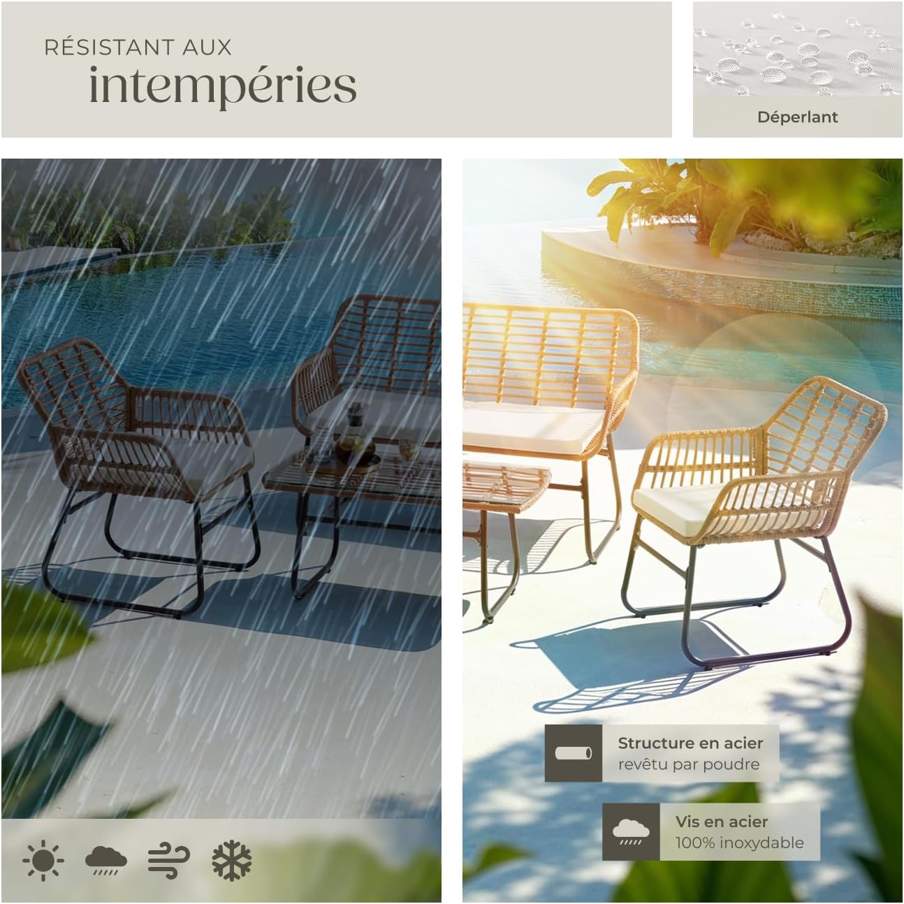 tectake - salon de jardin poly rotin 4 pcs, coussins, plateau verre 401206