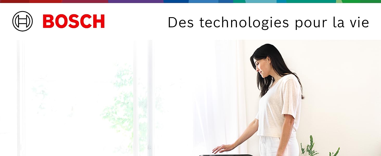 Le texte indique « BOSCH Des technologies pour la vie ». Cadre intérieur avec plantes d'intérieur et éléments de design d'intérieur modernes.