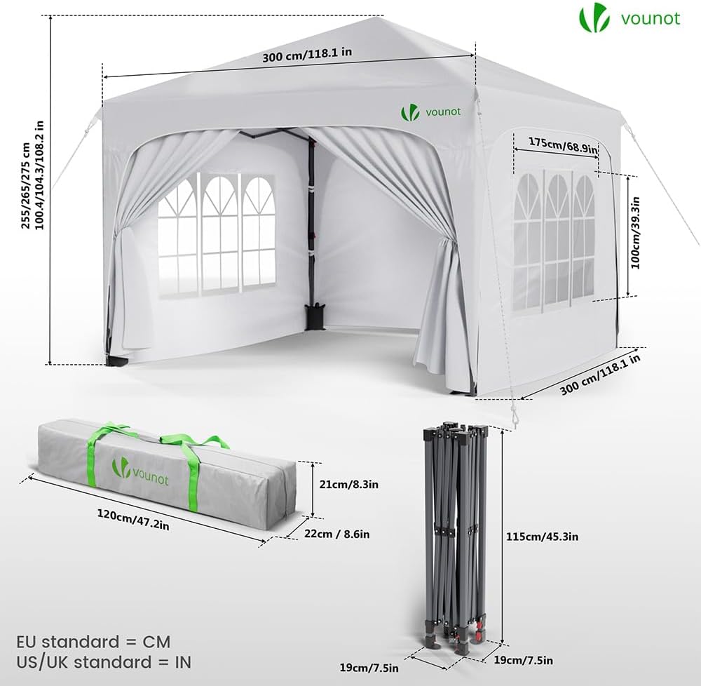 VOUNOT - Tonnelle pliable 3x3m, imperméable, anti-UV, réglable, sac transport