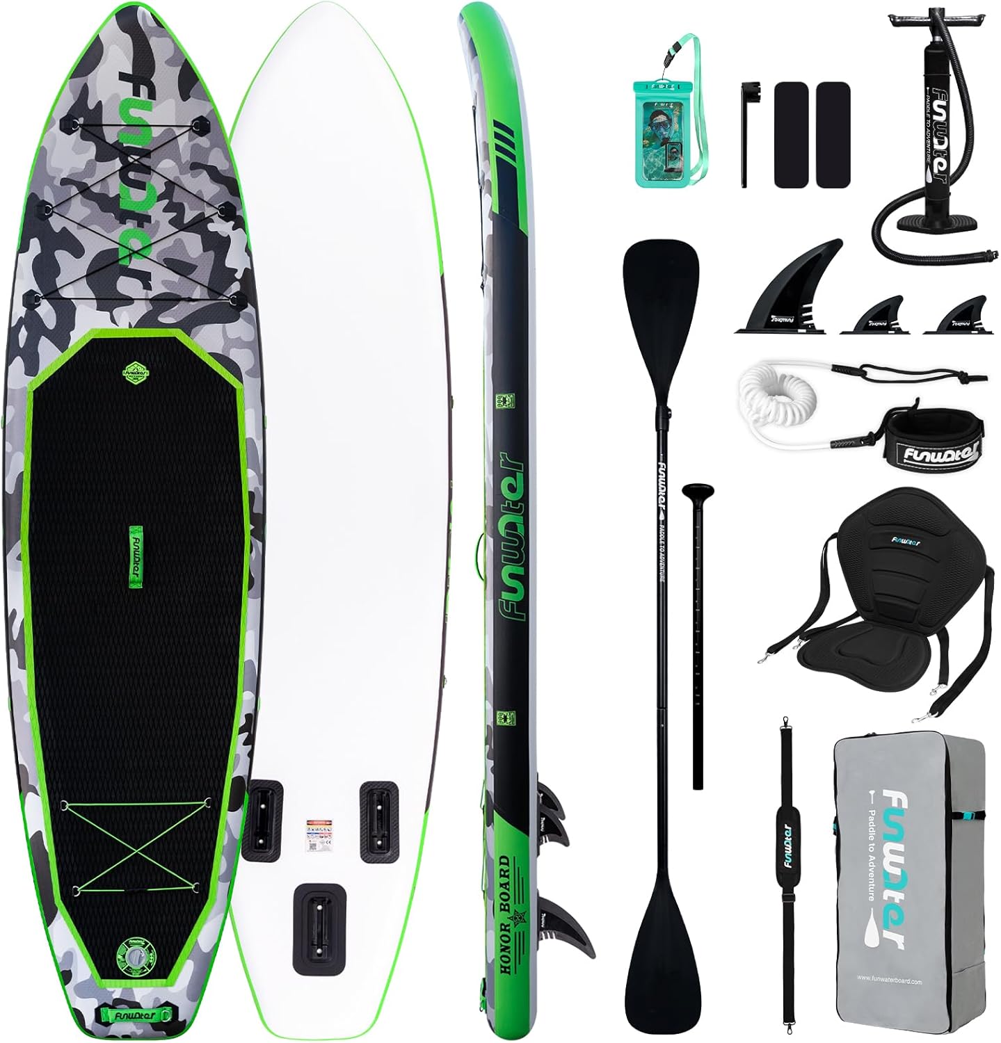 FunWater Planche de stand up paddle gonflable de 330 cm - Kit complet avec pagaie, sac à dos, étui pour téléphone portable, 3 palmes, pompe, siège et bandoulière - Planche de SUP pour débutants et