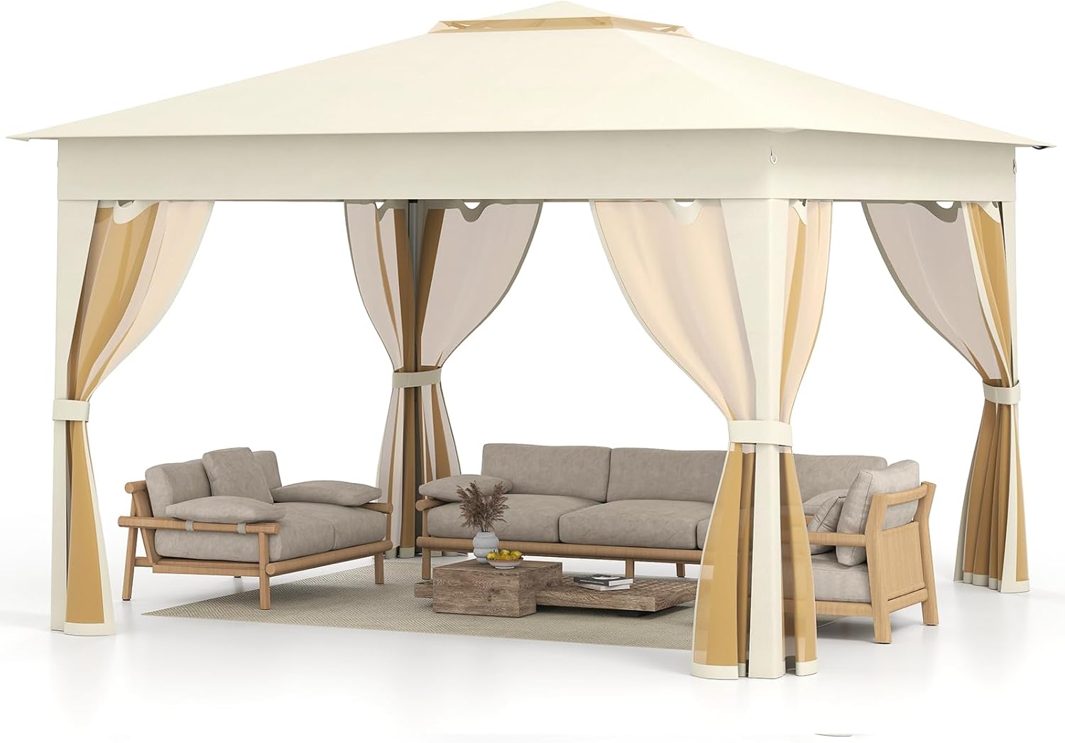 RELAX4LIFE Tonnelle Pliante 3x3 avec Moustiquaires, Tonnelle de Jardin Exterieur Facile à Monter, Toit Ventilé Argenté, Protection Solaire, Sac Inclus, Pavillon de Jardin pour Terrasse Patio, Beige
