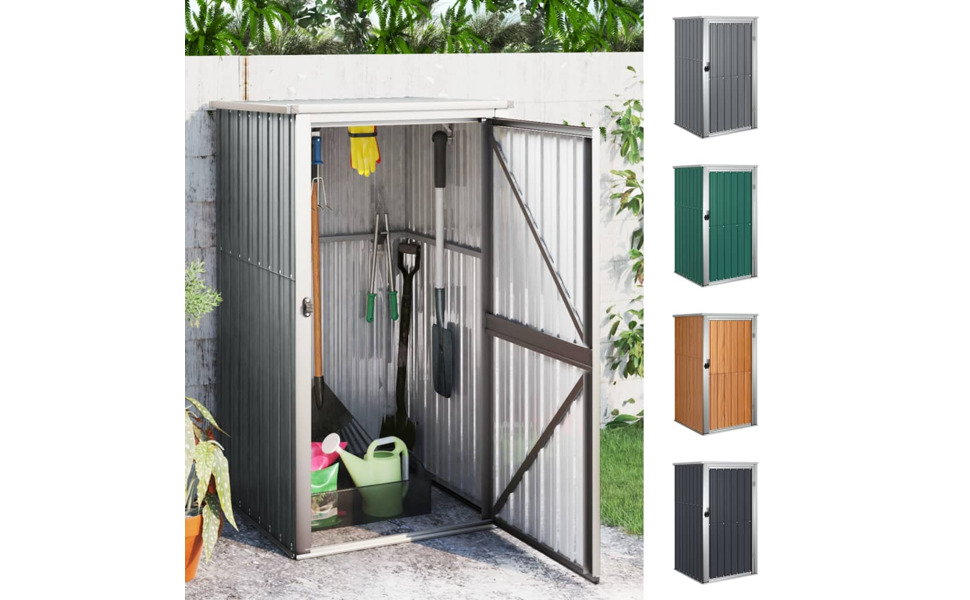 un abri de jardin avec une porte verte et une porte verte