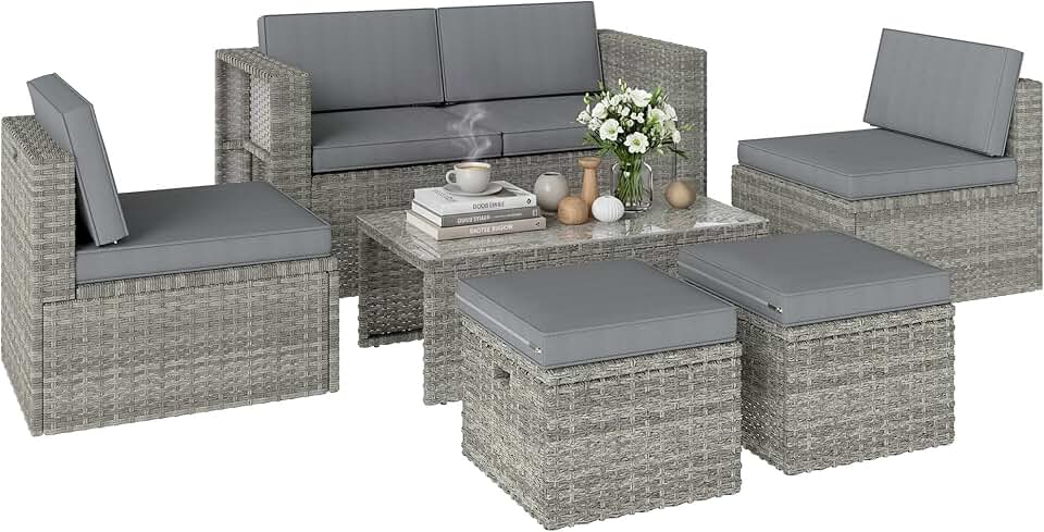 Outsunny - salon de jardin 6 pièces - canapé, fauteuils, table, gain de place, résine tressée, gris
