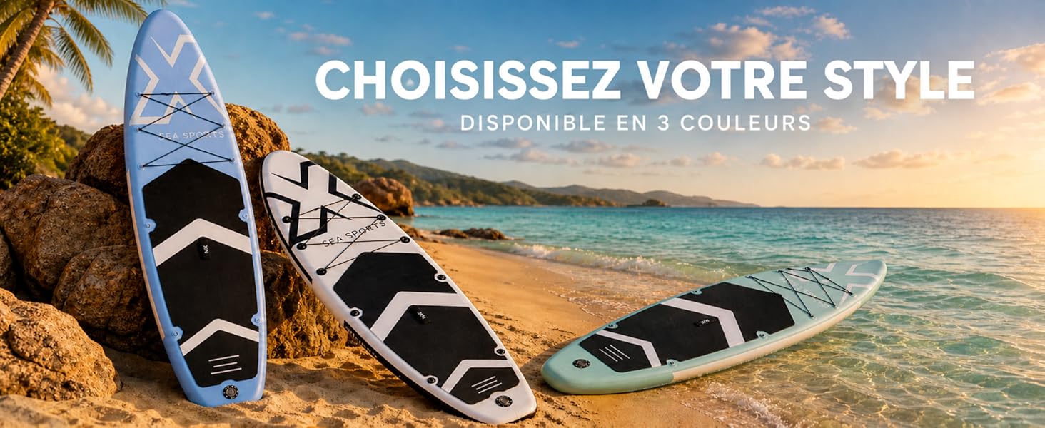 Le texte indique « CHOISISSEZ VOTRE STYLE » avec le sous-titre « DES CHAUSSURES À VOTRE GOÛT ». Scène de plage montrant des chaussures à enfiler noires et blanches empilées sur fond d'océan. Publicité de sélection de styles de chaussures.