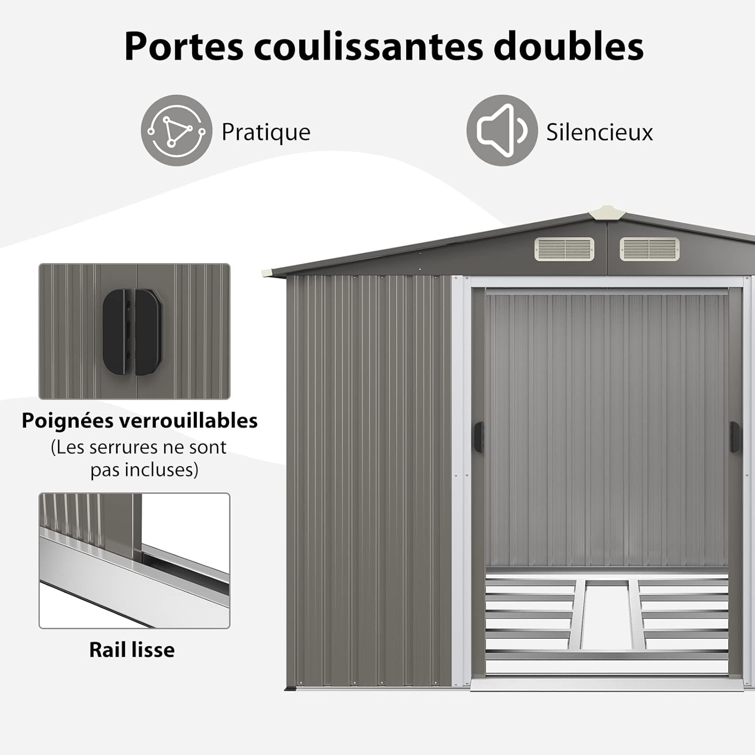 GOPLUS 4,74㎡ Abri de Jardin Métal Galvanisé avec Base, Cabine de Jardin Extérieur Porte Coulissante, Résistant aux Intempéries, Cabane de Rangement à Outils 8,59m³, 260 x 207 x 181cm, Toit Gris Foncé