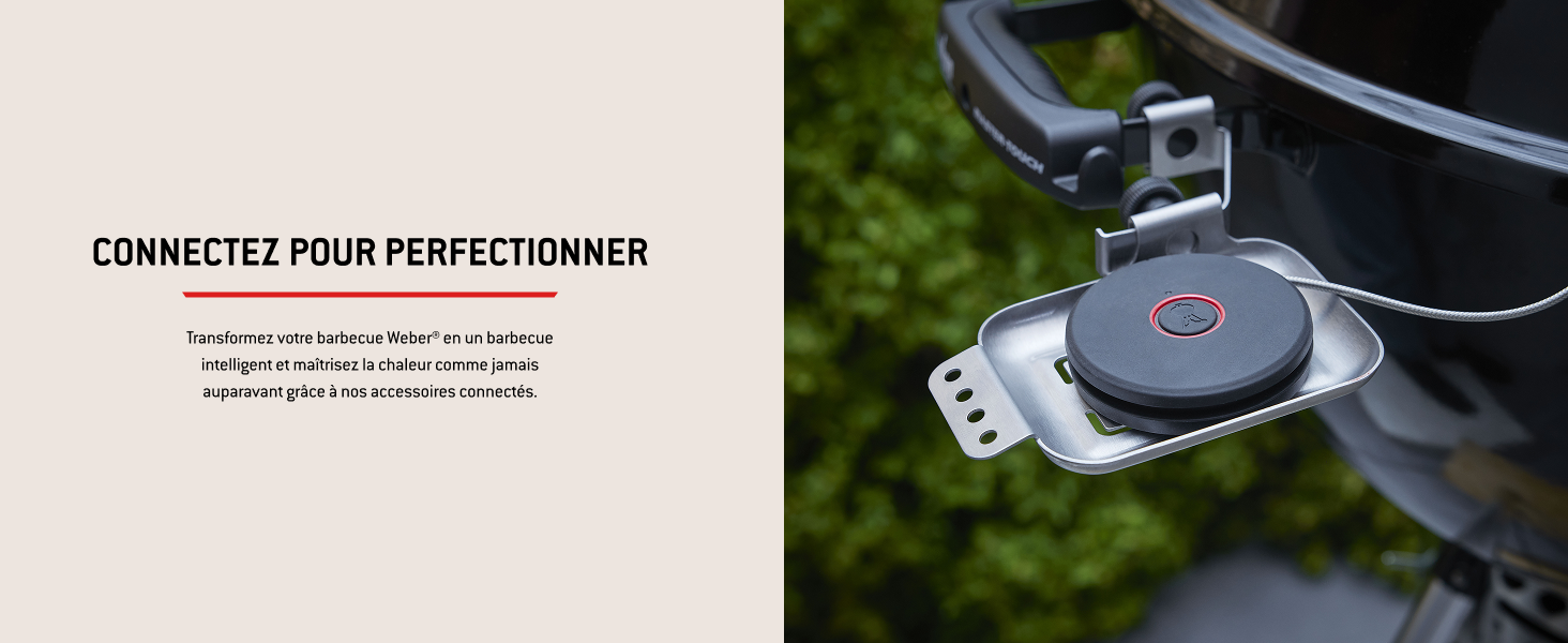 Le texte indique « CONNECTEZ POUR PERFECTIONNER » en haut à gauche. L'image montre un gros plan d'un appareil circulaire noir avec des boutons montés sur le châssis du véhicule avec un arrière-plan extérieur.