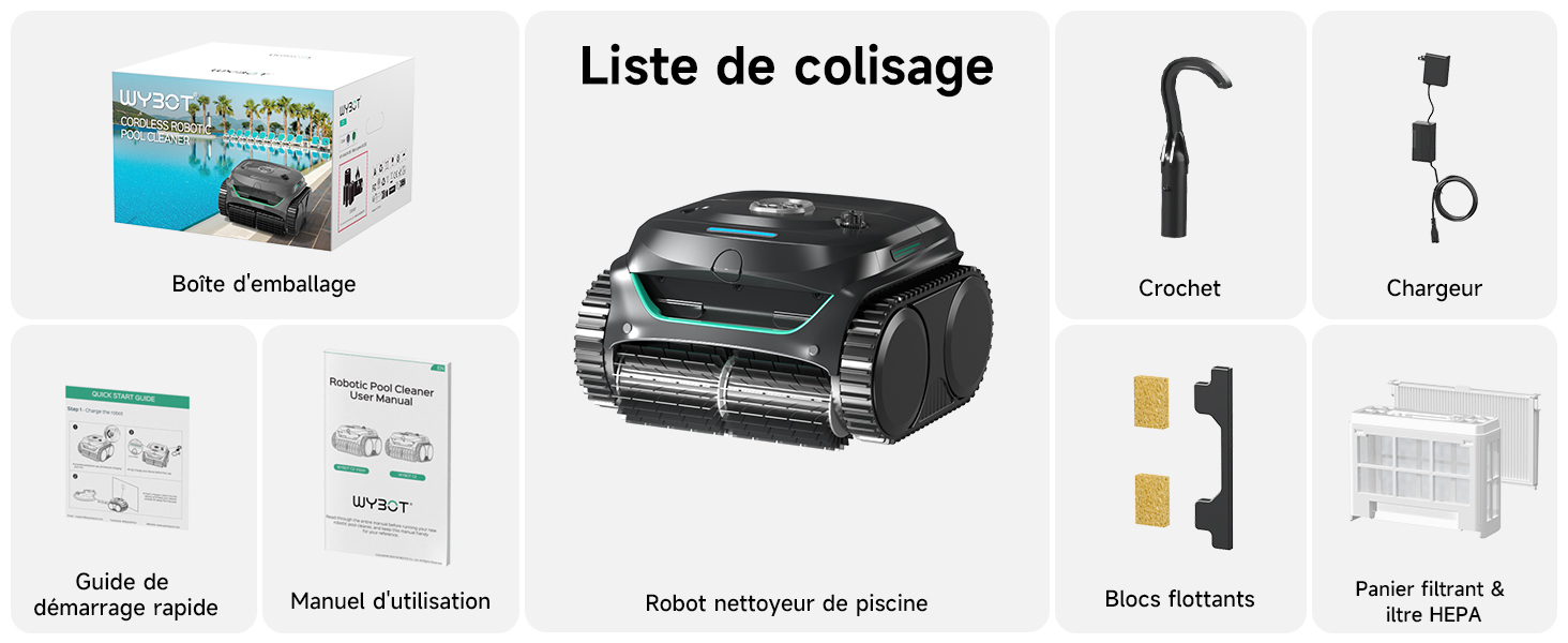 Le texte indique « Liste de colisage ». Présentoir d'emballage du produit présentant une tablette, des manuels d'instructions, un aspirateur robotique, une télécommande, des composants de la brosse, une poubelle et des accessoires disposés de manière organisée avec des étiquettes en français.