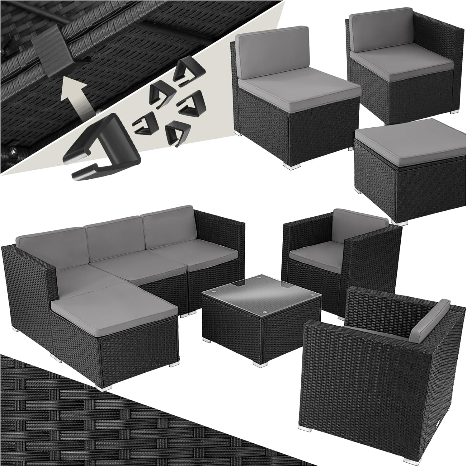 tectake - salon jardin poly rotin modulable 7 places, coussins inclus, ensemble fauteuils et table
