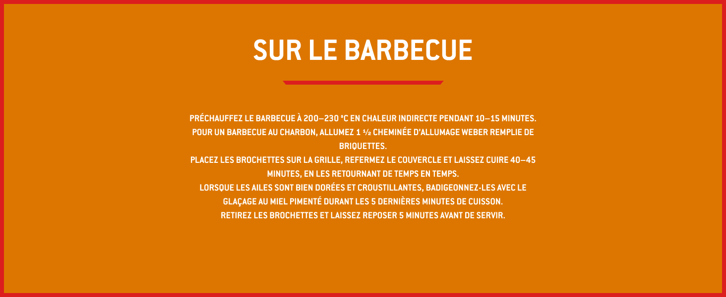 Le texte indique « SUR LE BARBECUE ». Bannière orange contenant du texte français sur les instructions de cuisson ou de barbecue.
