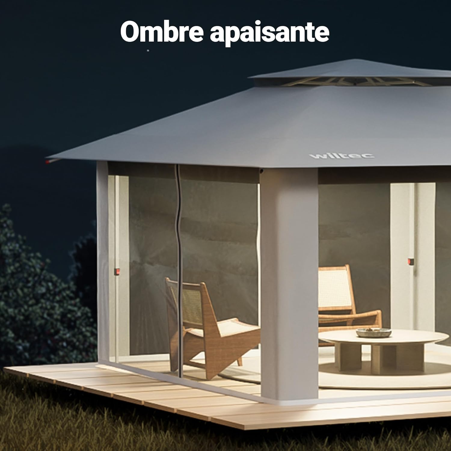 Wiltec - Pavillon pliant 4x4m - gris, moustiquaire, sac à roulettes