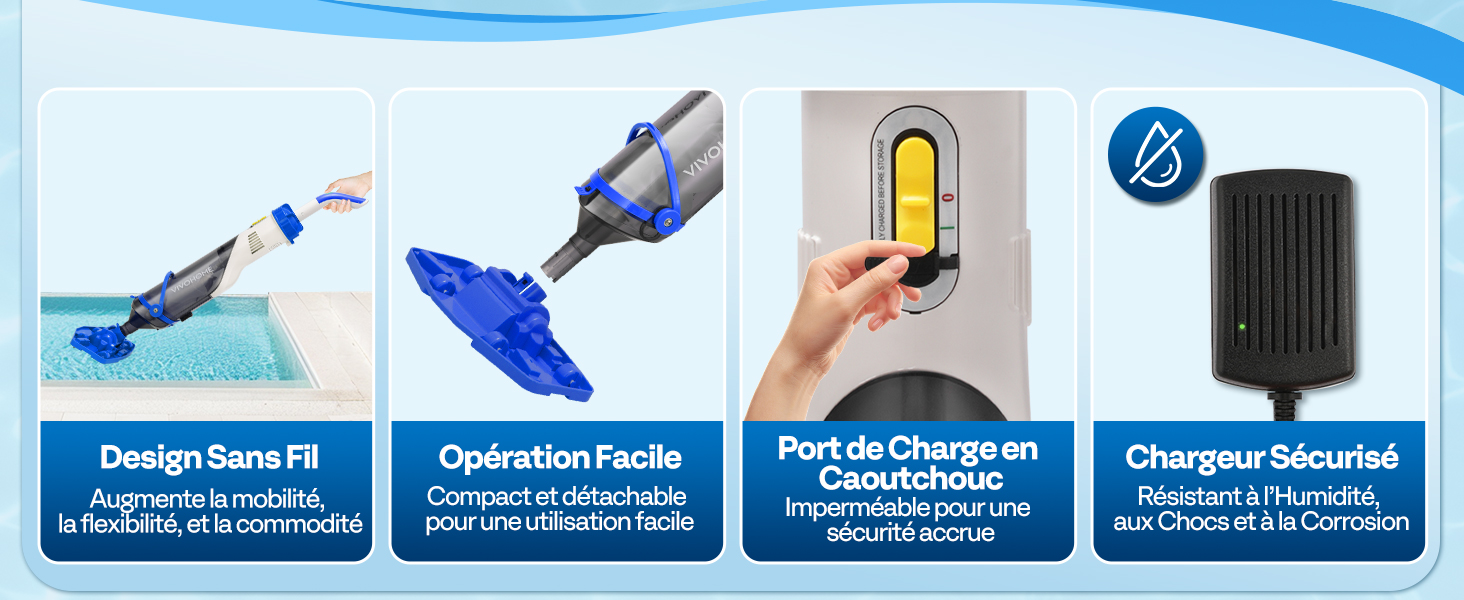 Quatre icônes bleues illustrant les caractéristiques du produit : Design Soigné, Operation Facile, Port De Chargement, Chargeur étanche. Les icônes représentent l'assemblage, le fonctionnement, le port de charge et le chargement étanche.