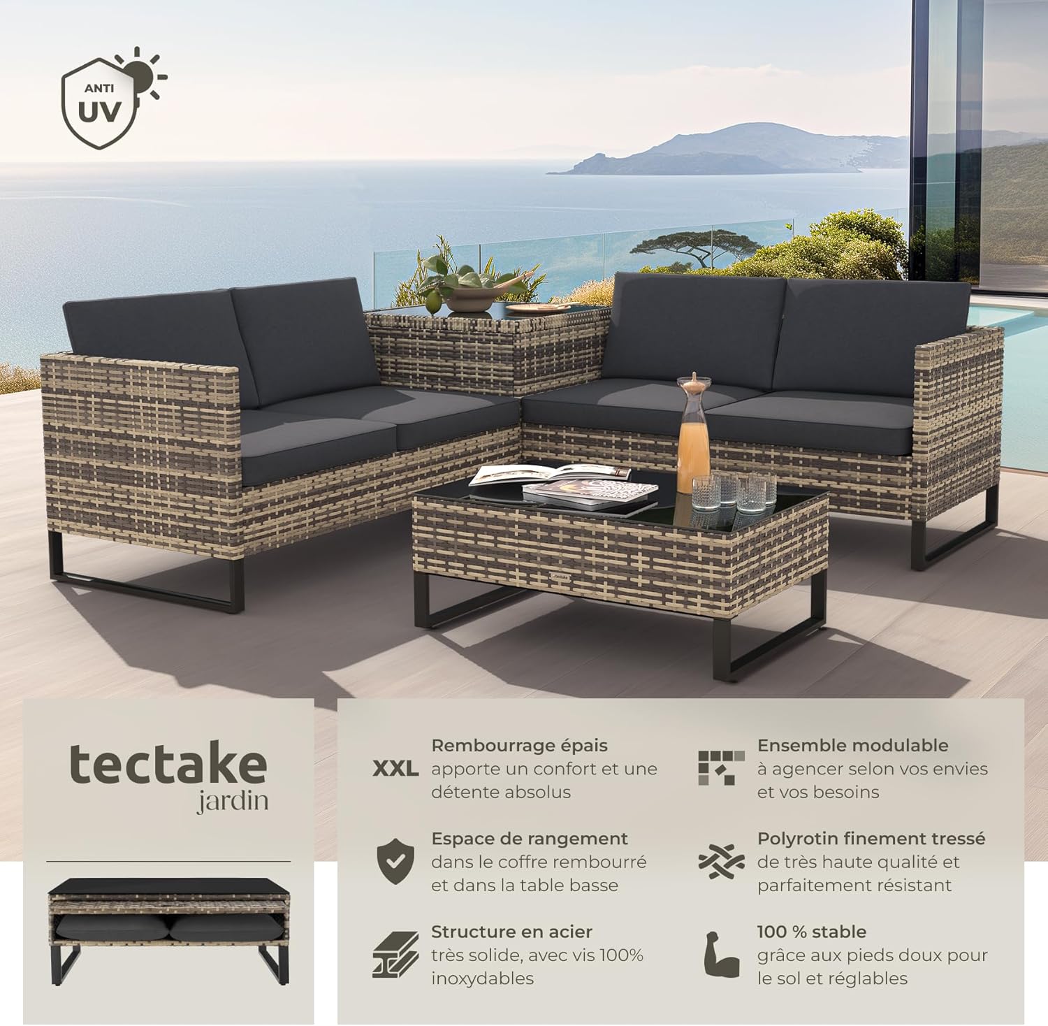 tectake - Ensemble modulable 4 places rotin, table basse, coffre, coussins