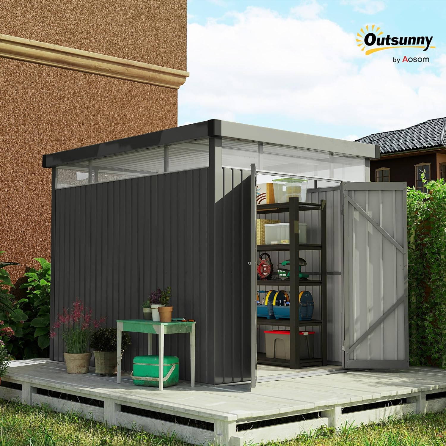 Outsunny - Abri de jardin galvanisé - 4m² - toit, fenêtres, porte verrouillable
