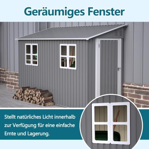 Abri de jardin en métal - 4x10 pieds/1,2x3 m - verrouillable, fenêtres, résistant intempéries