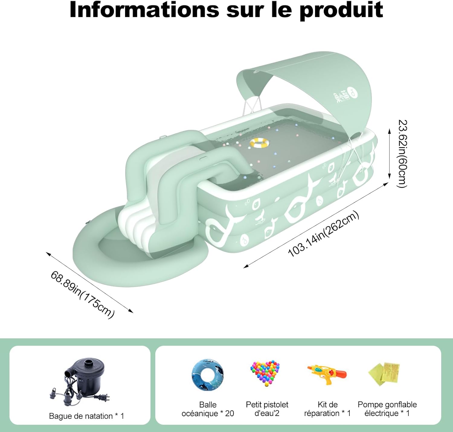 Ergocar Piscine d'Été Ombragée Gonflable avec Toboggan Intégré - Piscine Extérieure pour Enfants et Adultes