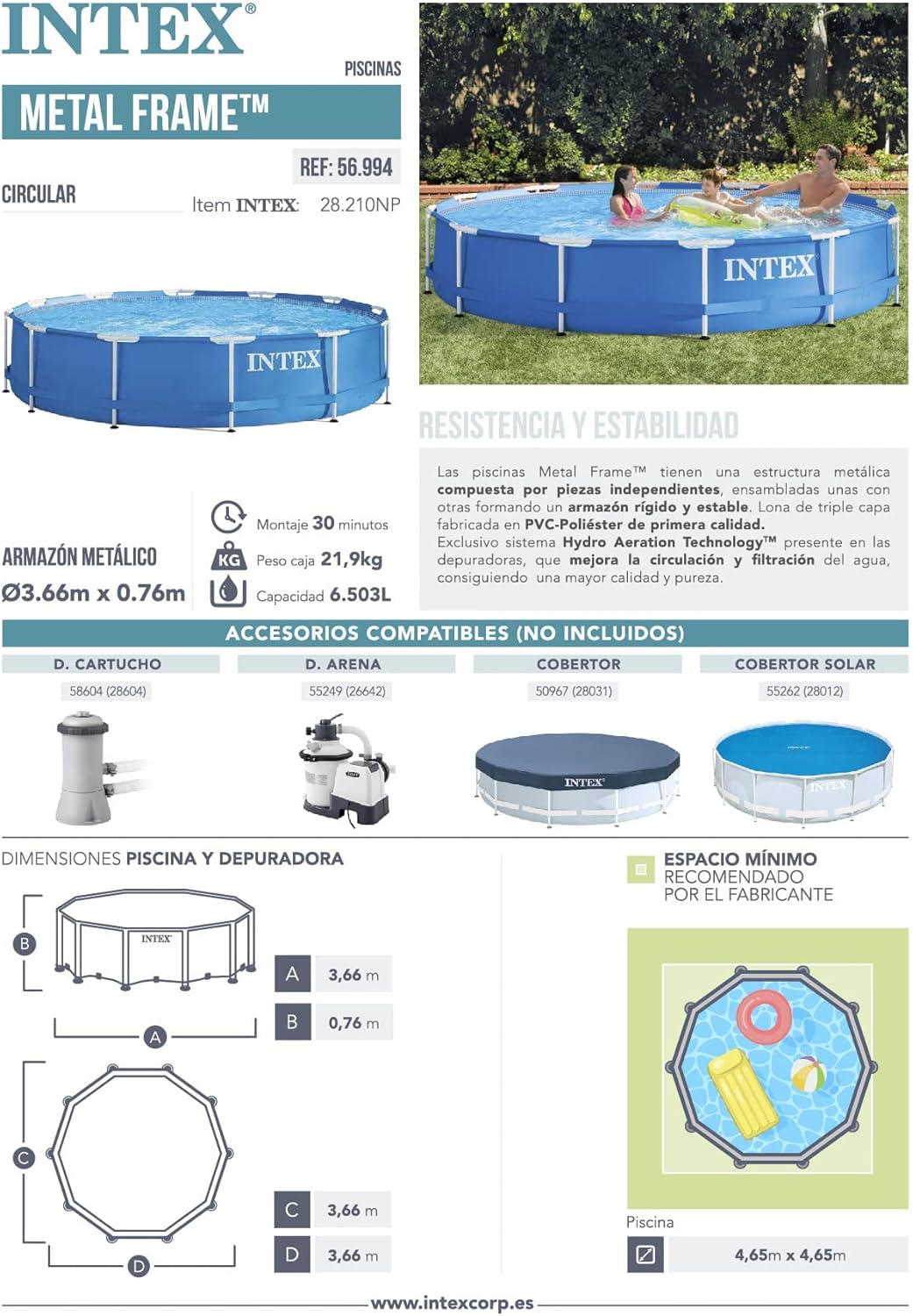 Intex piscine metal frame ronde tubulaire (ø)3,66 x (h)0,76m