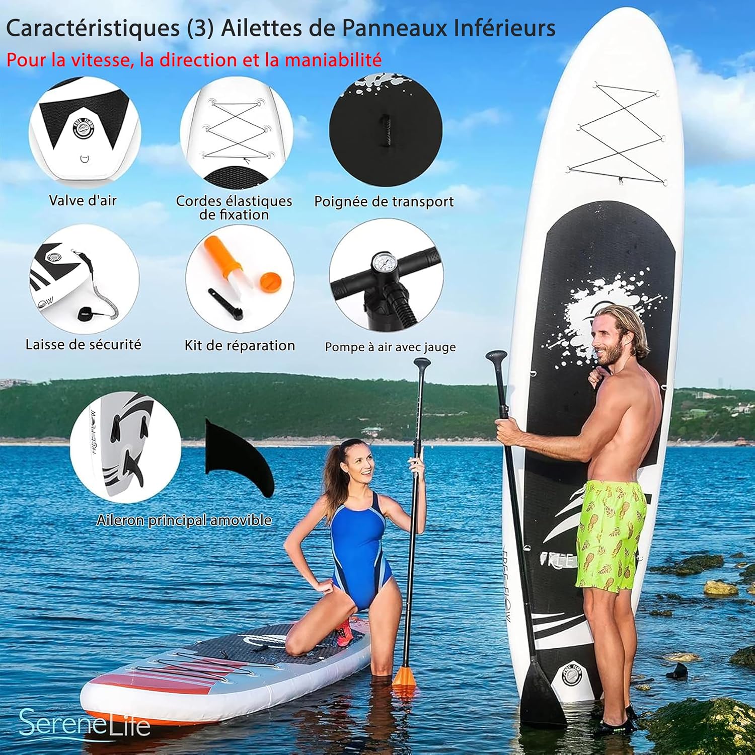 SereneLife Stand Up Paddle Gonflable Adulte 6” – Planche de Paddle avec Accessoires Sup, Sac de Transport, Pont Antidérapant, pour Mer, Lac, Rivière
