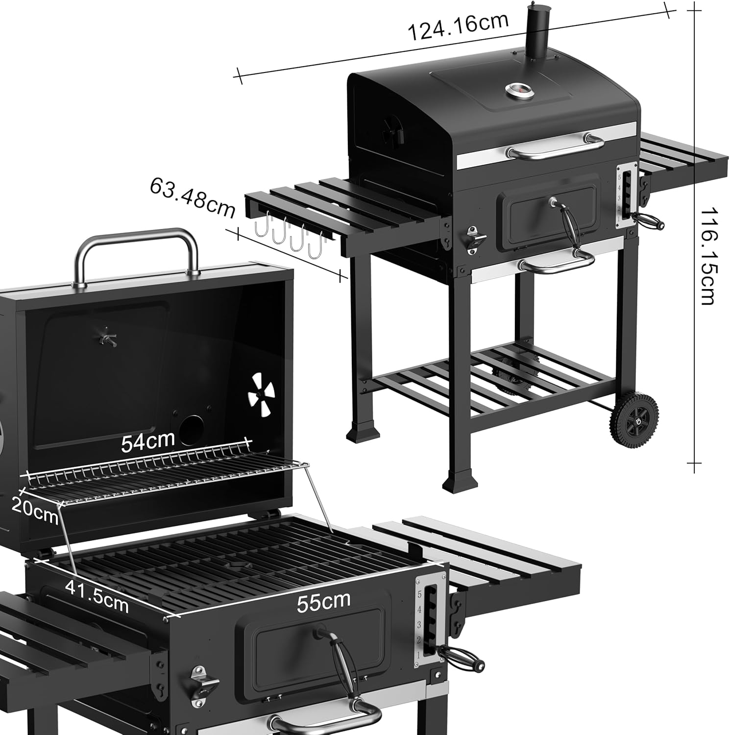Teeno - Barbecue XXL charbon, thermomètre, fumage, grille chauffante